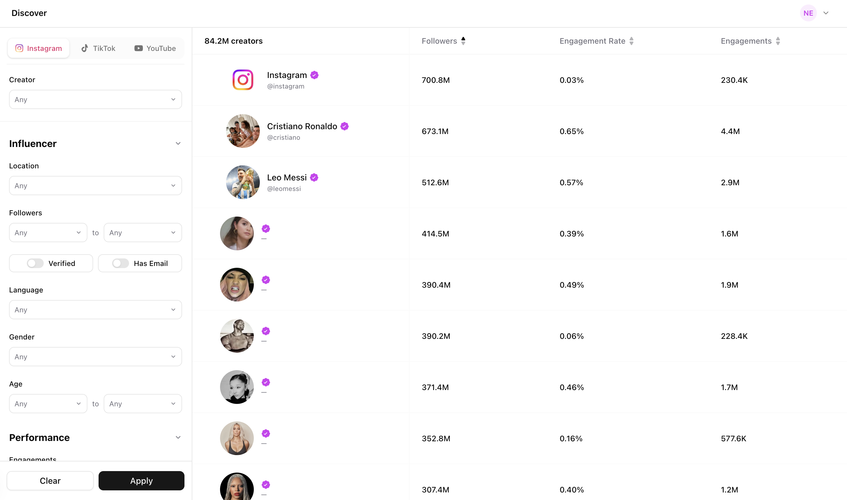 Influnnect Discover — search 350M+ creators with 30+ filters